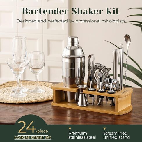 Cocktail Shaker Set,24-Piece Bar Bartender Kit with Stand,Martini Shaker,Jigger,Strainer,Mixer Spoon,Muddler,Liquor Pourers,Tongs,Opener,LCE Ball Mold&LCE Cubes,Bottle Stoppers|Silver in Saudi Arabia
