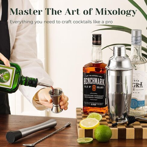 Cocktail Shaker Set,24-Piece Bar Bartender Kit with Stand,Martini Shaker,Jigger,Strainer,Mixer Spoon,Muddler,Liquor Pourers,Tongs,Opener,LCE Ball Mold&LCE Cubes,Bottle Stoppers|Silver in Saudi Arabia
