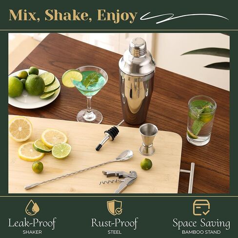 Cocktail Shaker Set,24-Piece Bar Bartender Kit with Stand,Martini Shaker,Jigger,Strainer,Mixer Spoon,Muddler,Liquor Pourers,Tongs,Opener,LCE Ball Mold&LCE Cubes,Bottle Stoppers|Silver in Saudi Arabia