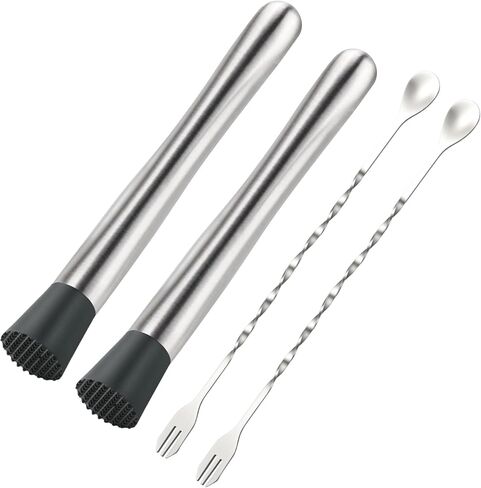 4Pcs 10'' Muddler and Spoon Set for Cocktails 304 Stainless Steel Fruit Smasher Home Bar Bartender Accessories Stirrers Mixing Tools for Mojitos Drinks Lemonade Stand Supplies in Saudi Arabia