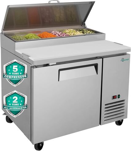 ثلاجة طاولة تحضير بيتزا سلطة الساندويتش التجارية مقاس 44 بوصة، ثلاجة مضادة من الفولاذ المقاوم للصدأ بباب واحد سعة 12.8 قدم مكعب مع مقالي 6 × 1/3، تحكم رقمي في درجة الحرارة، تذويب تلقائي، تبريد R290 in Kuwait