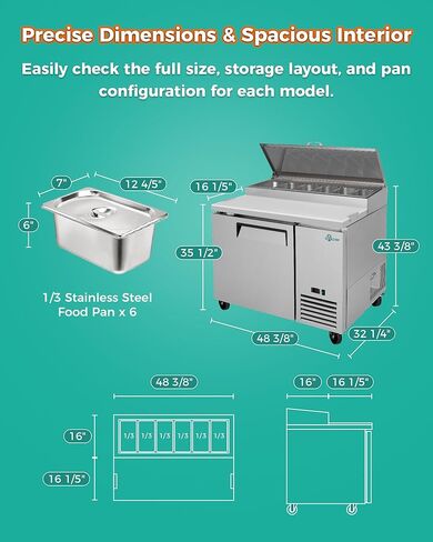 ثلاجة طاولة تحضير بيتزا سلطة الساندويتش التجارية مقاس 44 بوصة، ثلاجة مضادة من الفولاذ المقاوم للصدأ بباب واحد سعة 12.8 قدم مكعب مع مقالي 6 × 1/3، تحكم رقمي في درجة الحرارة، تذويب تلقائي، تبريد R290 in Kuwait