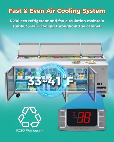 ثلاجة طاولة تحضير بيتزا سلطة الساندويتش التجارية مقاس 44 بوصة، ثلاجة مضادة من الفولاذ المقاوم للصدأ بباب واحد سعة 12.8 قدم مكعب مع مقالي 6 × 1/3، تحكم رقمي في درجة الحرارة، تذويب تلقائي، تبريد R290 in Kuwait