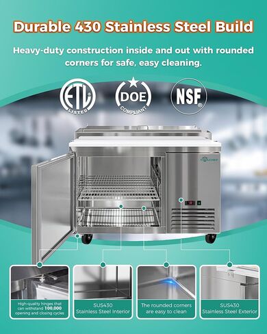 ثلاجة طاولة تحضير بيتزا سلطة الساندويتش التجارية مقاس 44 بوصة، ثلاجة مضادة من الفولاذ المقاوم للصدأ بباب واحد سعة 12.8 قدم مكعب مع مقالي 6 × 1/3، تحكم رقمي في درجة الحرارة، تذويب تلقائي، تبريد R290 in Kuwait