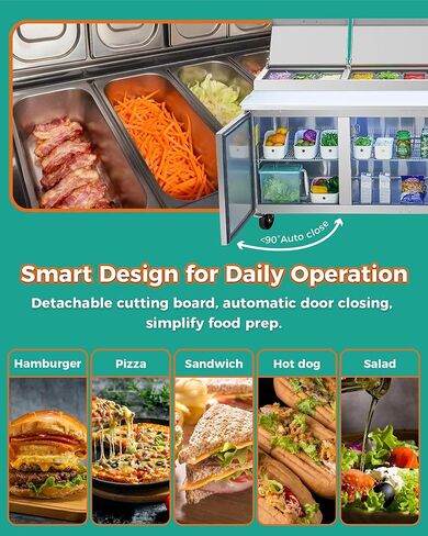 ثلاجة طاولة تحضير بيتزا سلطة الساندويتش التجارية مقاس 44 بوصة، ثلاجة مضادة من الفولاذ المقاوم للصدأ بباب واحد سعة 12.8 قدم مكعب مع مقالي 6 × 1/3، تحكم رقمي في درجة الحرارة، تذويب تلقائي، تبريد R290 in Kuwait