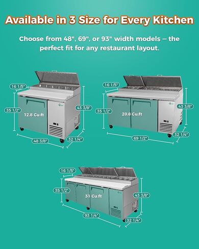 ثلاجة طاولة تحضير بيتزا سلطة الساندويتش التجارية مقاس 44 بوصة، ثلاجة مضادة من الفولاذ المقاوم للصدأ بباب واحد سعة 12.8 قدم مكعب مع مقالي 6 × 1/3، تحكم رقمي في درجة الحرارة، تذويب تلقائي، تبريد R290 in Kuwait