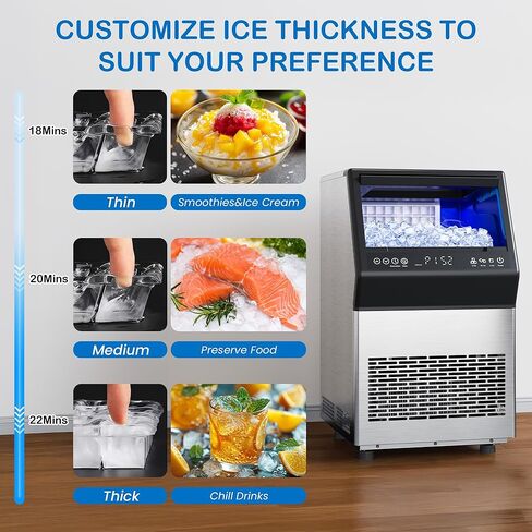 ماكينة صنع الثلج التجارية، ماكينة صنع الثلج قائمة بذاتها من الفولاذ المقاوم للصدأ بقدرة 110 رطل/24 ساعة مع سعة تخزين تبلغ 12 رطلًا، تنظيف ذاتي، شاشة LED رقمية، 45 مكعب ثلج 8 دقائق، المنزل/البار/المطعم in Kuwait