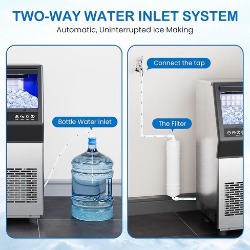ماكينة صنع الثلج التجارية، ماكينة صنع الثلج قائمة بذاتها من الفولاذ المقاوم للصدأ بقدرة 110 رطل/24 ساعة مع سعة تخزين تبلغ 12 رطلًا، تنظيف ذاتي، شاشة LED رقمية، 45 مكعب ثلج 8 دقائق، المنزل/البار/المطعم in Kuwait
