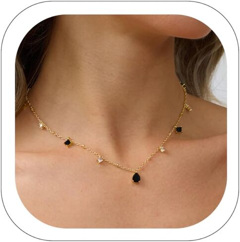 RLMOON Gold Necklaces for Women 14K Gold Plated CZ Diamond Choker Necklace Red Emerald Green Blue Black Teardrop Necklace for Wedding Bridesmaid Prom Trendy Gold Jewelry Gift in Kuwait