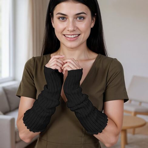 Black Arm Warmers,Knitted Fingerless Gloves for Women,Autumn Winter Stretchy Arms Sleeves with Thumb Hole in Kuwait