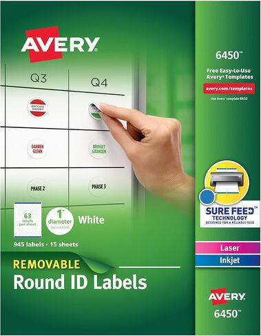 Avery Multiuse Removable 1" Round Labels with Sure Feed, 945 Small White Labels for Organization and Storage (6450) in Kuwait