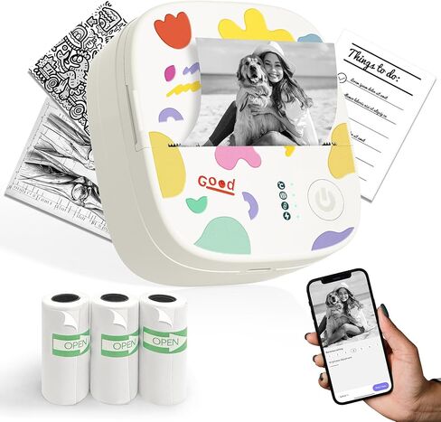 طابعة ملصقات محمولة صغيرة ، طابعة حرارية صغيرة مع 3 لفات الورق ، printpods inkless Bluetooth ، صانع ملصقات الجيب مناسب للأطفال المبدعين ، اليوميات ، الصور ، ملاحظات الدراسة -البيضاء in Kuwait