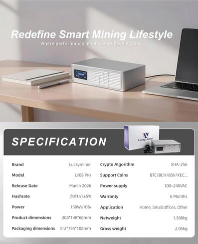 New Lucky Miner LV08 Pro 7TH/s 150W BTC Miner SHA256 Algorithm Crypto Miner Home and Office Mining, Solo/P2P Mining, Support 42+ Coins (BTC, BCH, BSV), in Stock in Kuwait