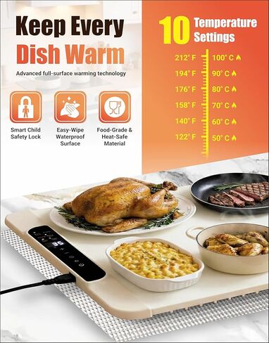 Food Warming Mat Extra Large 36 x 15 Inch with Heat Resistant Pad, Adjustable 50–100°C, Up to 10-Hour Timer, Child Lock Safety, Fits Multiple Dishes for Family Dinners, Holidays & Parties in Saudi Arabia