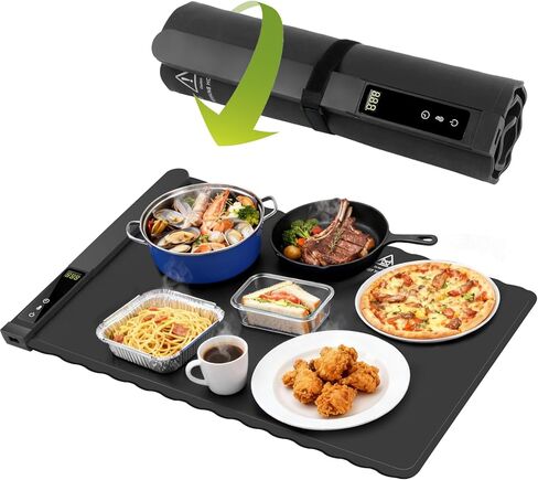 حصيرة تدفئة للطعام، سجادة تدفئة الطعام، صينية تدفئة كهربائية لحفلات البوفيهات والاستخدام اليومي المنزلي، تسخين سريع، سجادة تدفئة طعام محمولة قابلة للدوران، وظيفة موقوتة لعائلتك، رمادي 30x18 بوصة in Kuwait