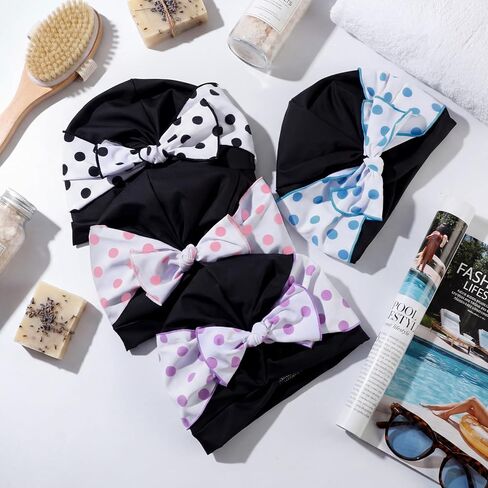 Soulchen 4 Pack Women Swim Caps for Long Hair Turban Bathing Caps with Polka Dot Bow Pleated Elastic Swimming Hats Fabric Cloth Waterproof Ear Protection Stylish Pool in Saudi Arabia