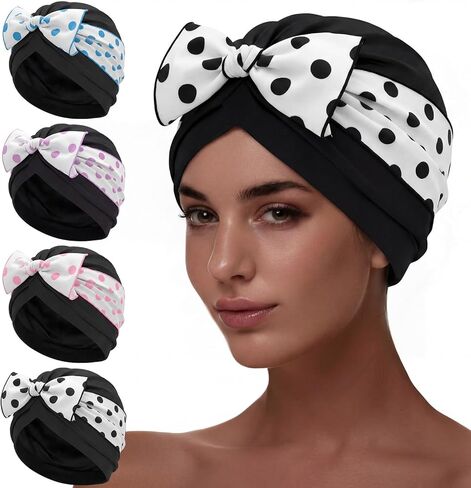 Soulchen 4 Pack Women Swim Caps for Long Hair Turban Bathing Caps with Polka Dot Bow Pleated Elastic Swimming Hats Fabric Cloth Waterproof Ear Protection Stylish Pool in Saudi Arabia