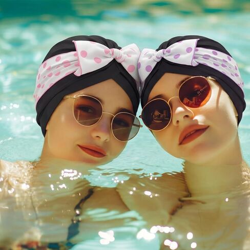 Soulchen 4 Pack Women Swim Caps for Long Hair Turban Bathing Caps with Polka Dot Bow Pleated Elastic Swimming Hats Fabric Cloth Waterproof Ear Protection Stylish Pool in Saudi Arabia