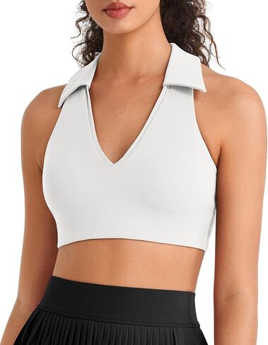 G4Free BareFeel V Neck Sports Bra for Women - Padded Collared Racerback Tennis Workout Tank Tops in Saudi Arabia