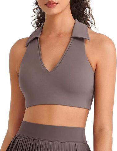 G4Free BareFeel V Neck Sports Bra for Women - Padded Collared Racerback Tennis Workout Tank Tops in Saudi Arabia