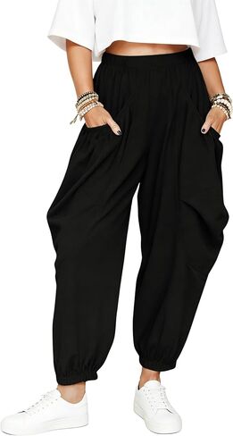 Himosyber المرأة فضفاض الحريم السراويل عارضة فضفاضة مرنة عالية الخصر صالة Sweatpants مريح الركض مع جيوب in Kuwait