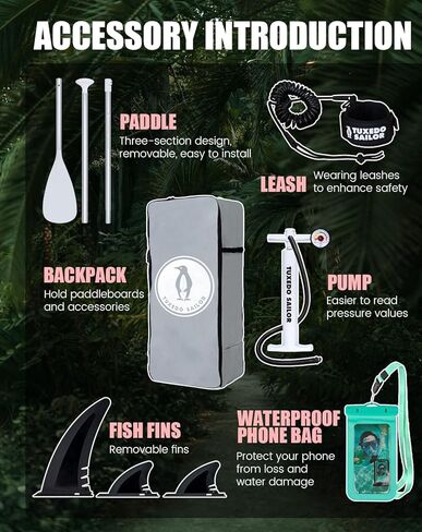 لوح تجديف قابل للنفخ بطول 11 بوصة من Tuxedo Sailor مع ملحقات SUP وسطح EVA مضاد للانزلاق وزعنفة كبيرة وألواح تجديف للبالغين والشباب من جميع مستويات المهارة in Kuwait