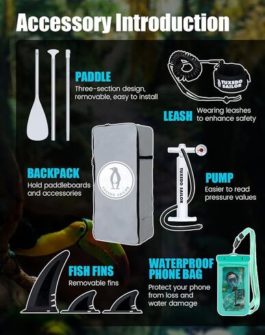 لوح تجديف قابل للنفخ بطول 11 بوصة من Tuxedo Sailor مع ملحقات SUP وسطح EVA مضاد للانزلاق وزعنفة كبيرة وألواح تجديف للبالغين والشباب من جميع مستويات المهارة in Kuwait