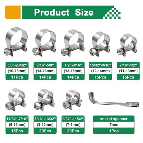 125PCS 304 Stainless Steel Hose Clamps Assortment Adjustable 9/32"-23/32" Dia (7-18mm) Heavy Duty Metal Small Hose Clamps for Radiator Plumbing, Automotive,Diesel Petrol Pipe,Fuel Line in Kuwait