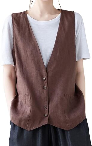 COTECRAM Cotton Linen Vest for Women 2023 Fashion Sleeveless Button Down Jacket Lightweight Summer Loose Vests Outerwear in Saudi Arabia