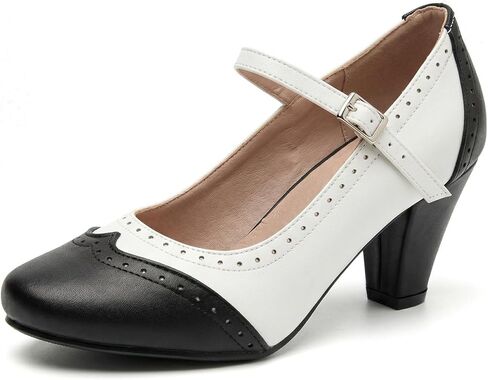 Women's Chunky High Heels 1920s Wingtip Oxfords Retro Pumps Heels 1950s Vintage Black and White Two Tone Saddle Oxford Shoes in Kuwait