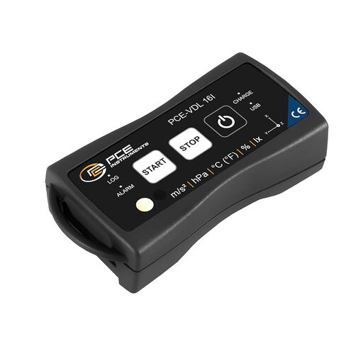 مقياس تسارع PCE-VDL 16I من أدوات PCE، للاهتزاز والمراقبة البيئية، يقيس ما يصل إلى 800 هرتز، إلى جانب درجة الحرارة والرطوبة وضغط الهواء والكشف عن الضوء in Kuwait
