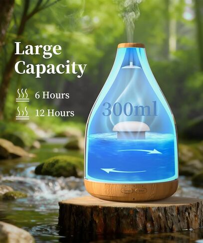 Essential Oil Diffuser for Home, 300ML Modern Décor Aromatherapy Diffusers Large Room Fresh Air Scent, Ultrasonic Cool Mist Humidifier & Color Light, 1-3-6H Timer Auto Shut-Off, Brown in Kuwait