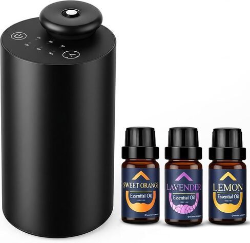 Waterless Essential Oil Diffuser for Car & Home with 3x10ml Oils, Portable Aromatherapy Device, USB-C Rechargeable, 3 Mist Modes, Long Lasting Scent – Black in Saudi Arabia