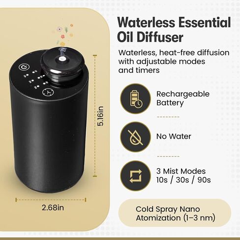 Waterless Essential Oil Diffuser for Car & Home with 3x10ml Oils, Portable Aromatherapy Device, USB-C Rechargeable, 3 Mist Modes, Long Lasting Scent – Black in Saudi Arabia