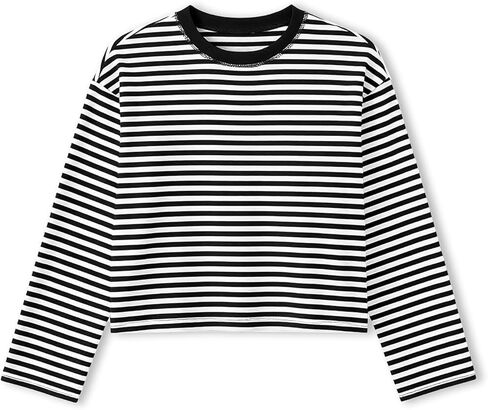 KOSUSANILL Women Oversized Striped Long Sleeve Shirt Crewneck Cropped Tops Drop Shoulder Y2K Preppy Sweatshirt Fall Clothes in Kuwait