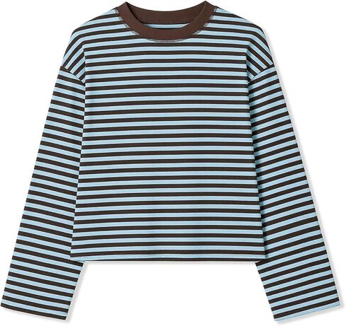 KOSUSANILL Women Oversized Striped Long Sleeve Shirt Crewneck Cropped Tops Drop Shoulder Y2K Preppy Sweatshirt Fall Clothes in Saudi Arabia