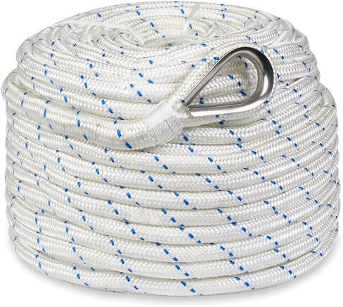 Double-Braided Nylon Anchor Rope with Stainless Steel Thimble – Marine Grade Anchor Line for Boats – 3/8", 1/2", 5/8", or 3/4" Sizes – Pre-Spliced Thimble – Not for Windlasses in Saudi Arabia