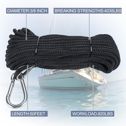 Amarine Made 3/8 Inch 50ft Anchor Rope Double Braided Nylon Dock Lines,2 Pack of Marine Mooring Rope Boat Dock Lines with Thimble-800kg Breaking Strength (Black) in Saudi Arabia