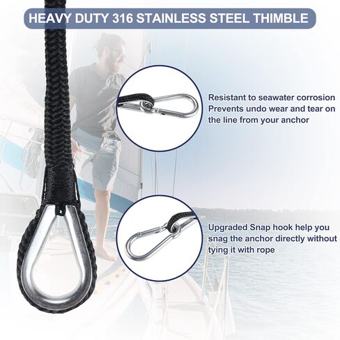 Amarine Made 3/8 Inch 50ft Anchor Rope Double Braided Nylon Dock Lines,2 Pack of Marine Mooring Rope Boat Dock Lines with Thimble-800kg Breaking Strength (Black) in Saudi Arabia