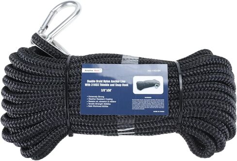 Amarine Made 3/8 Inch 50ft Anchor Rope Double Braided Nylon Dock Lines,2 Pack of Marine Mooring Rope Boat Dock Lines with Thimble-800kg Breaking Strength (Black) in Saudi Arabia