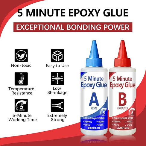 5 Minute Epoxy Glue Kit, 260ml Clear Epoxy Adhesive Sturdy, Waterproof, Heat-Resistant, Fast Curing, 5 Min Epoxy Glue All Purpose, Metal, Plastic, Wood, Ceramics, Glass and More in Kuwait