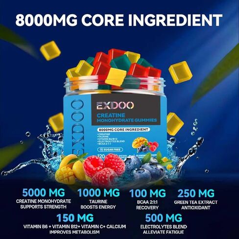 مركب مضغ الكرياتين مونوهيدرات 8000 مجم للرجال والنساء، الكرياتين مع توراين BCAA بالكهرباء لتقوية الطاقة ودعم العضلات، حلوى ما قبل التمرين، خالية من السكر، 120 قطعة in Kuwait