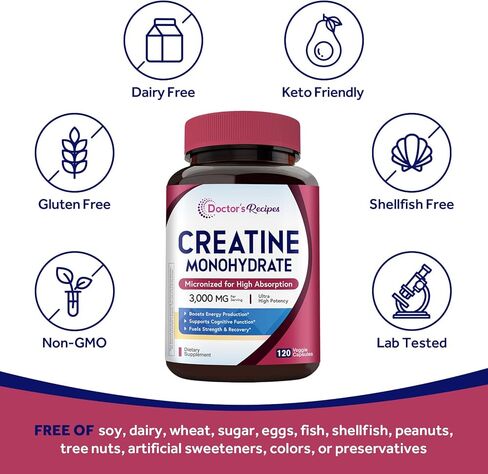 وصفات الطبيب كرياتين مونوهيدرات 3000 مجم لكل وجبة، كبسولات الكرياتين الدقيقة للنساء والرجال، للقوة والطاقة والانتعاش وامتصاص عالي، نباتي، 120 كبسولة in Kuwait