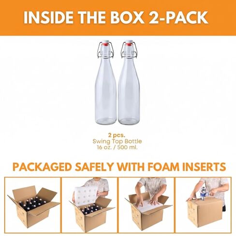 زجاجات زجاجية علوية متأرجحة من FastRack سعة 16 أونصة (500 مل) - عبوتان | زجاجات علوية شفافة ذات أغطية محكمة الغلق | عبوات زجاجية قابلة لإعادة الاستخدام لزيت الزيتون والخل والكمبوتشا والبيرة والتخمير in Kuwait