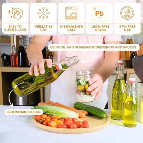 زجاجات زجاجية علوية متأرجحة من FastRack سعة 16 أونصة (500 مل) - عبوتان | زجاجات علوية شفافة ذات أغطية محكمة الغلق | عبوات زجاجية قابلة لإعادة الاستخدام لزيت الزيتون والخل والكمبوتشا والبيرة والتخمير in Kuwait