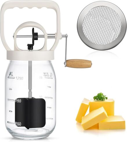 CAROD Classical Butter Churner, 1.5L Glass Jar with Hand Injury Prevention Device & Sifting Lid, 50oz Hand Crank Jar Maker Creates Fresh Homemade Butter within 15 Min, Ideal DIY Kitchen Gift in Kuwait