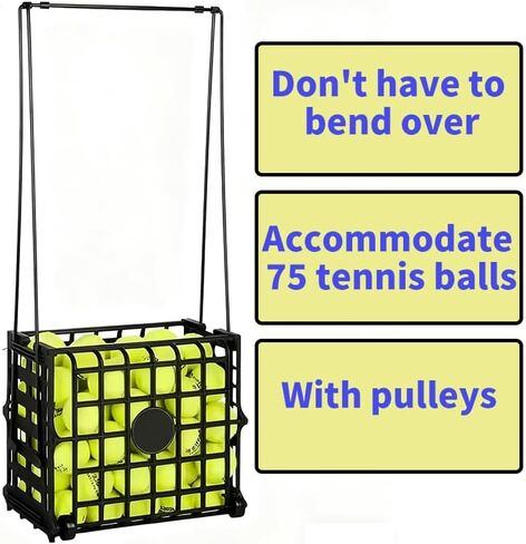 قادوس كرات التنس المحمول مع عجلة - سعة 75 كرة تنس، حامل سلة كرات التنس، حاوية منتقي المقطورات، تصميم سهل اللف للتمرين والتدريب in Kuwait