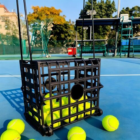 قادوس كرات التنس المحمول مع عجلة - سعة 75 كرة تنس، حامل سلة كرات التنس، حاوية منتقي المقطورات، تصميم سهل اللف للتمرين والتدريب in Kuwait