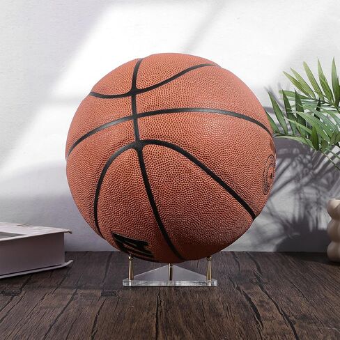 Acrylic Football Stand with Gold Pegs & Rubber Feet, Ball Holder with Stainless Steel Rods for Basketball, Football, Soccer, Volleyball, Round-Edge Rack for Balls, Easy to Assemble in Saudi Arabia
