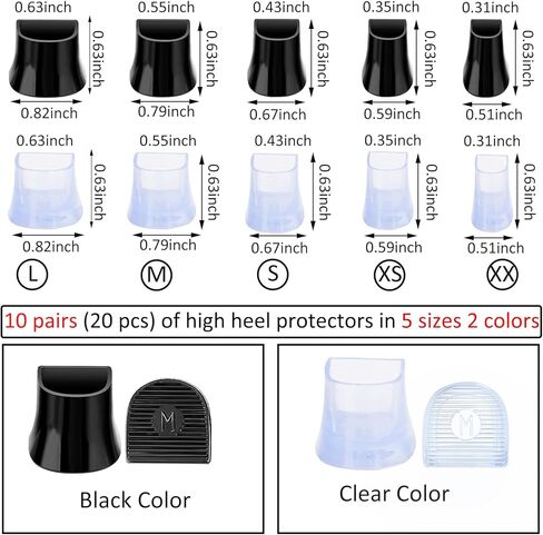 10 أزواج من سدادات الكعب - غطاء على شكل حرف U، 5 مقاسات من واقيات الكعب العالي البديلة، قبعات الكعب المضادة للانزلاق المضادة للضوضاء، سدادات الكعب، أغطية إصلاح الكعب من السيليكون للأحذية النسائية (أسود + شفاف) in Kuwait